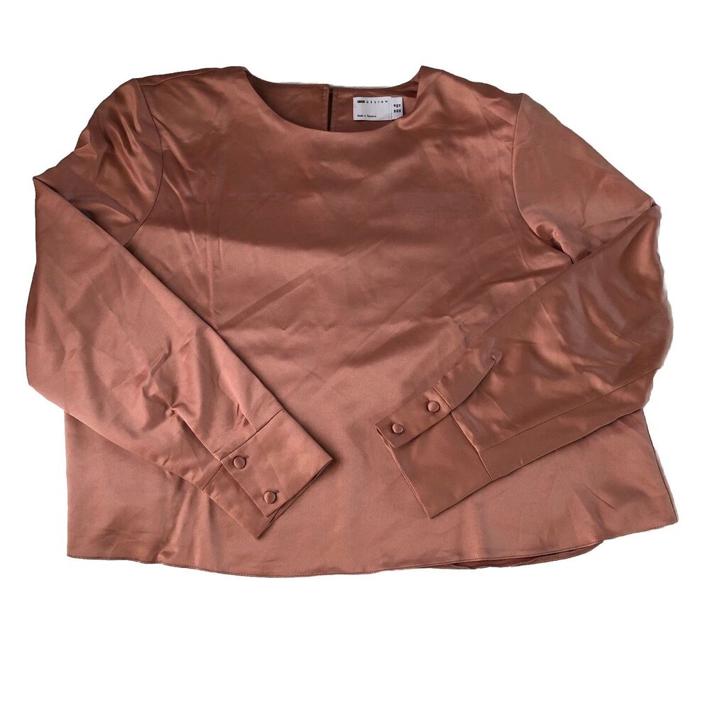 ASOS DESIGN Open Split Back Button Satin Blouse Mauve Pink Crew Neck  Size 14